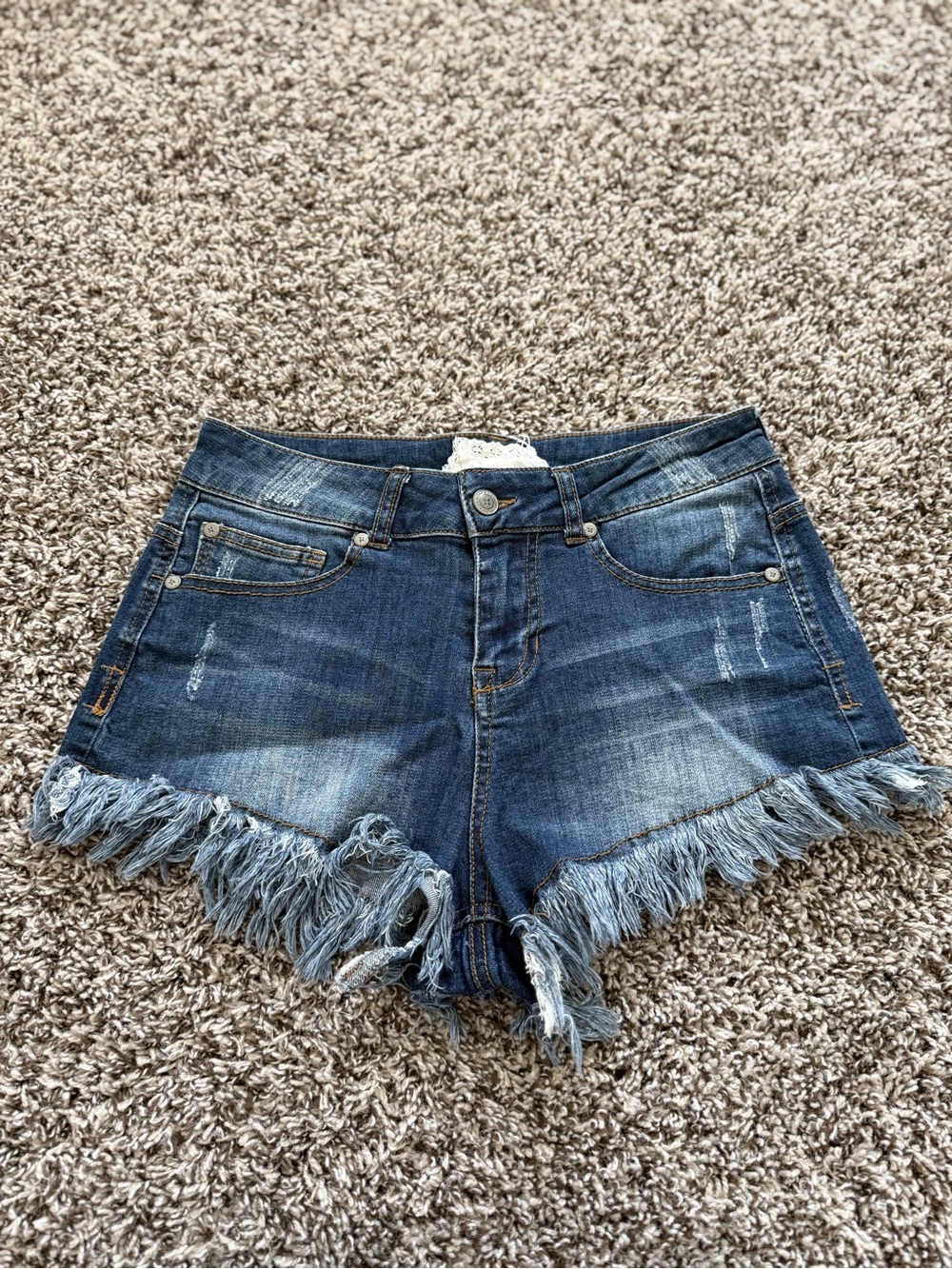 Altar'd State Distressed Dark Blue Denim Shorts with Frayed Hem